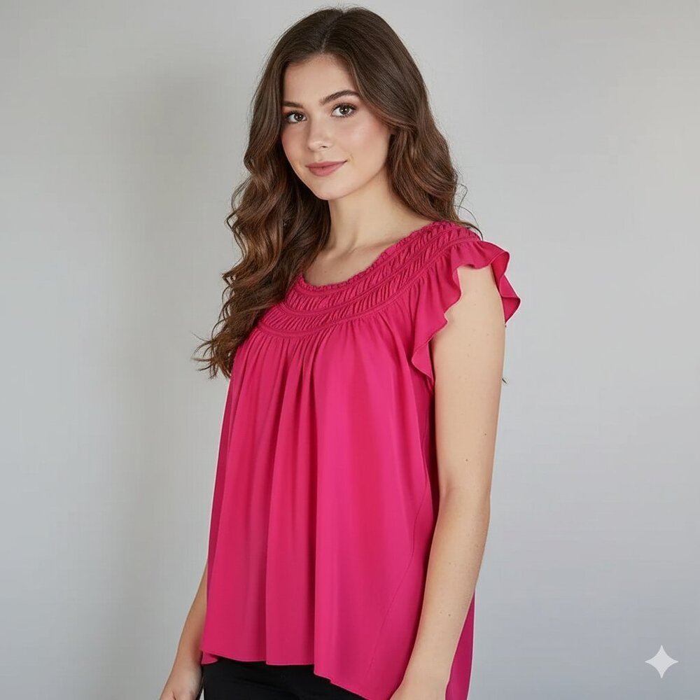 We The Free Hot Pink Ruffle Sleeve Smocked Neck Blouse Top Size Medium